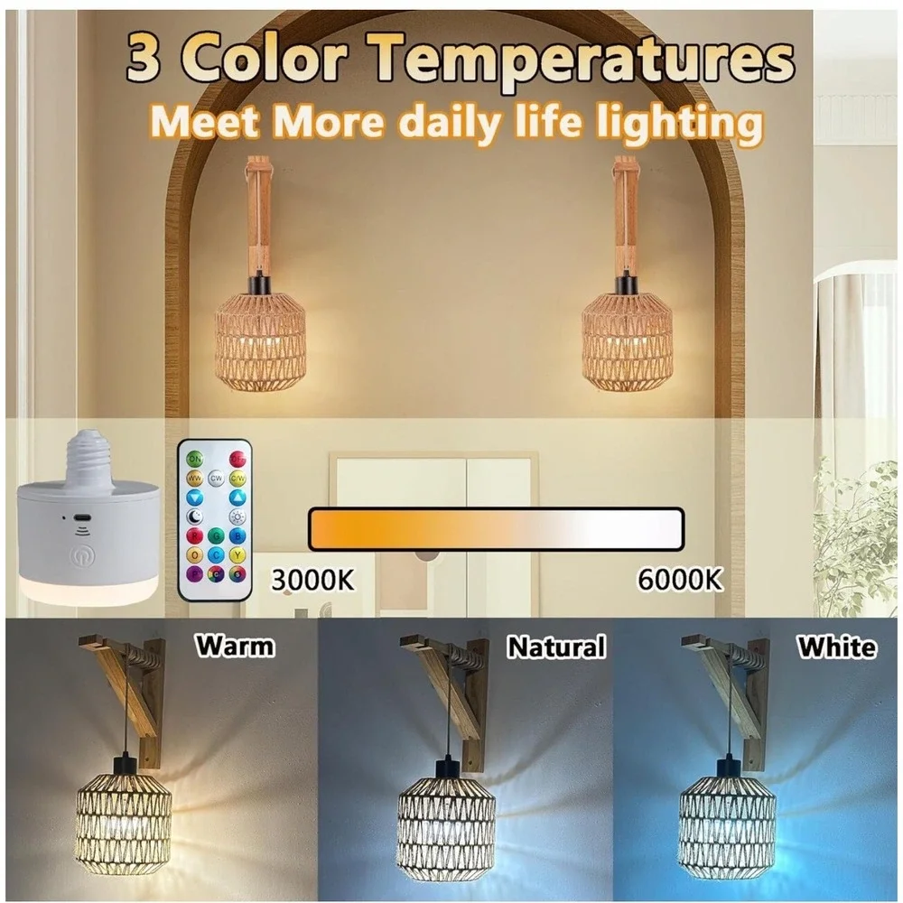 2‎ pack,Wireless Rechargeable Wall Lights 50 Hr Battery RGB Light